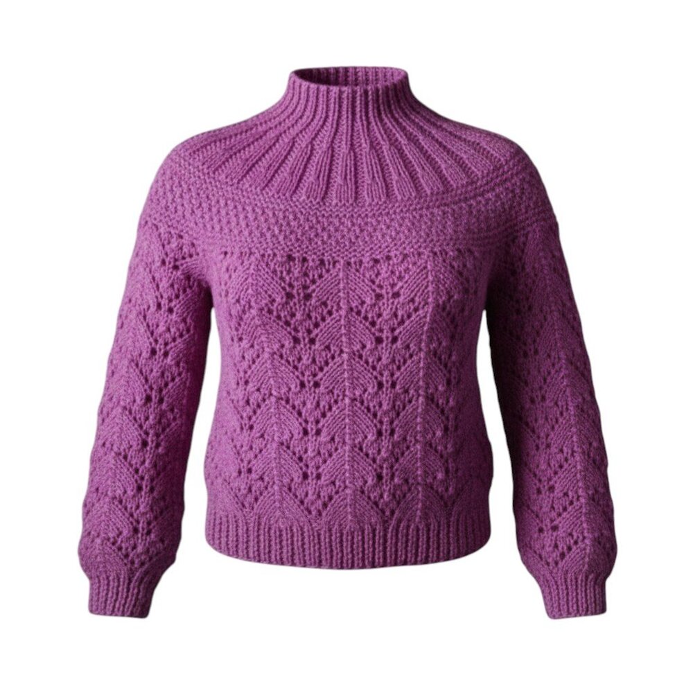 Mi Ki Chunky Thick Cable Knit Pointelle Mock Neck Barbiecore Pink Sweater-S